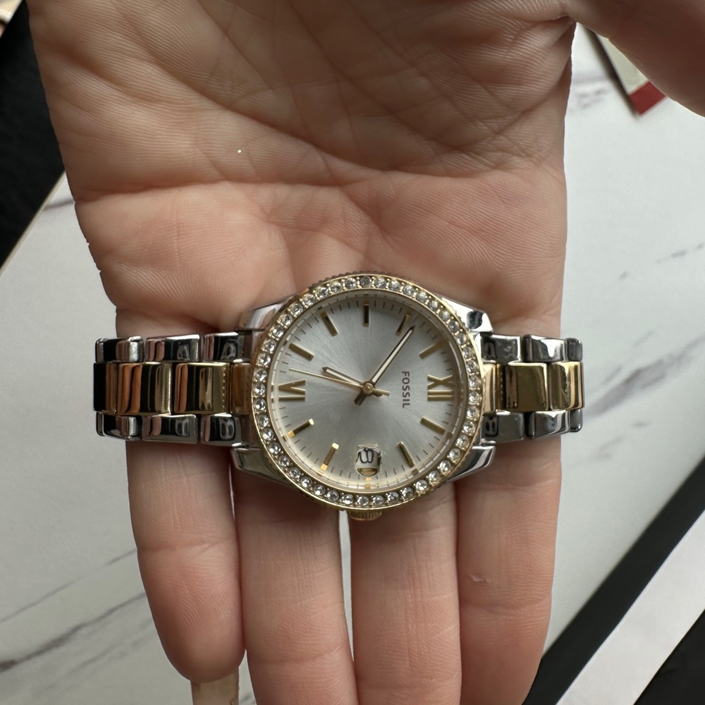 Fossil Silver and Gold Watch with Crystal Bezel
